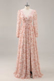 Pink Floral Chiffon V-Neck Long Sleeves Bridesmaid Dress with Slit