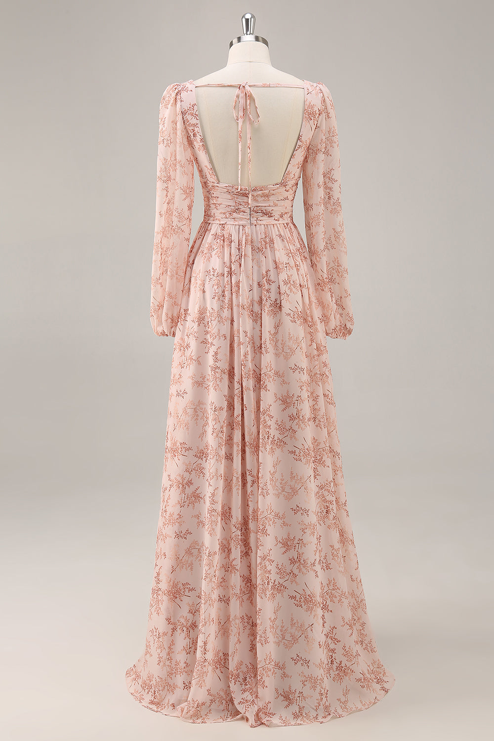 Pink Floral Chiffon V-Neck Long Sleeves Bridesmaid Dress with Slit