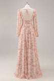 Pink Floral Chiffon V-Neck Long Sleeves Bridesmaid Dress with Slit