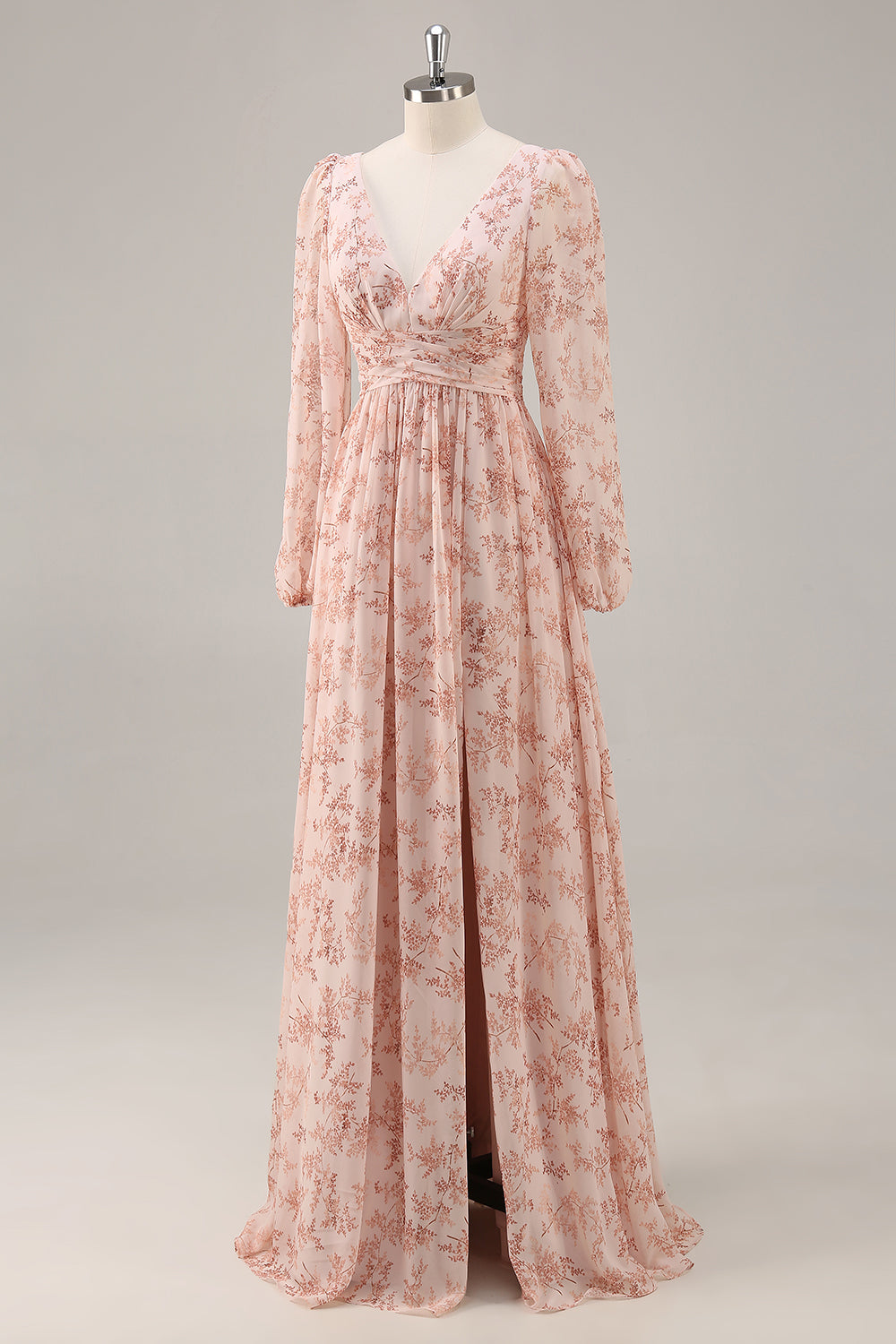 Pink Floral Chiffon V-Neck Long Sleeves Bridesmaid Dress with Slit