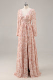 Pink Floral Chiffon V-Neck Long Sleeves Bridesmaid Dress with Slit