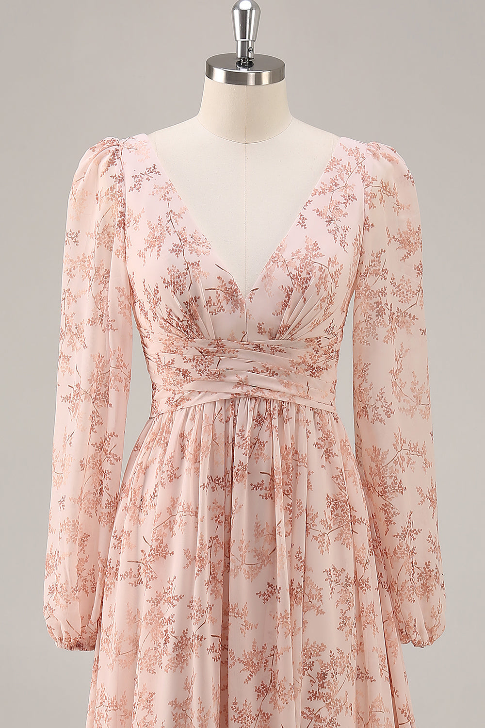 Pink Floral Chiffon V-Neck Long Sleeves Bridesmaid Dress with Slit