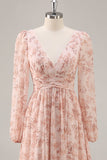 Pink Floral Chiffon V-Neck Long Sleeves Bridesmaid Dress with Slit