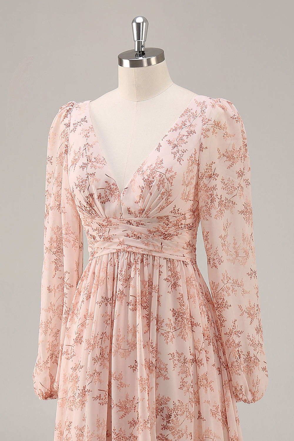 Pink Floral Chiffon V-Neck Long Sleeves Bridesmaid Dress with Slit