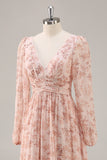 Pink Floral Chiffon V-Neck Long Sleeves Bridesmaid Dress with Slit