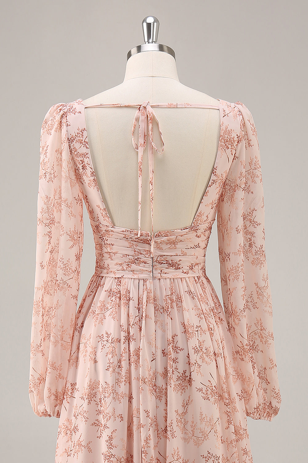 Pink Floral Chiffon V-Neck Long Sleeves Bridesmaid Dress with Slit