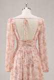 Pink Floral Chiffon V-Neck Long Sleeves Bridesmaid Dress with Slit