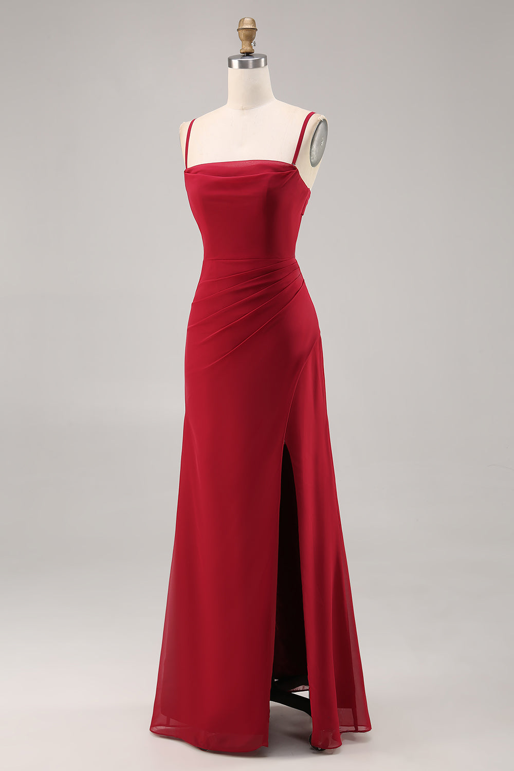 Dark Red Ruched Chiffon Mermaid Long Bridesmaid Dress with Slit