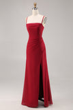 Dark Red Ruched Chiffon Mermaid Long Bridesmaid Dress with Slit