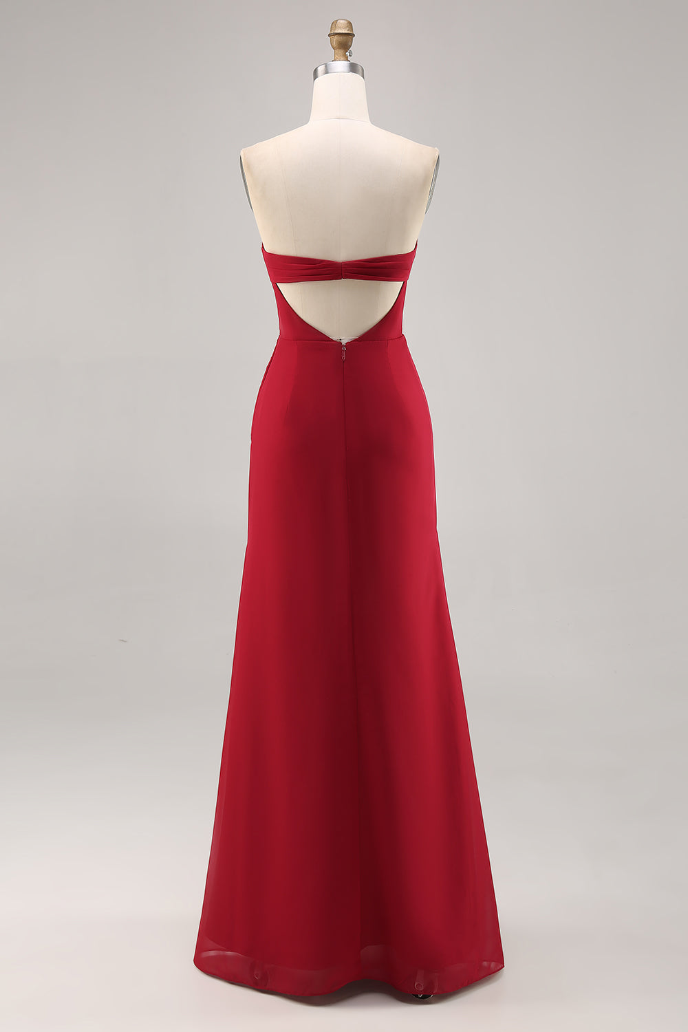Dark Red Ruched Chiffon Mermaid Long Bridesmaid Dress with Slit