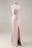 Candy Pink Satin Ruched Mermaid Long Bridesmaid Dress with Slit