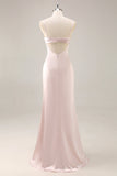Candy Pink Satin Ruched Mermaid Long Bridesmaid Dress with Slit