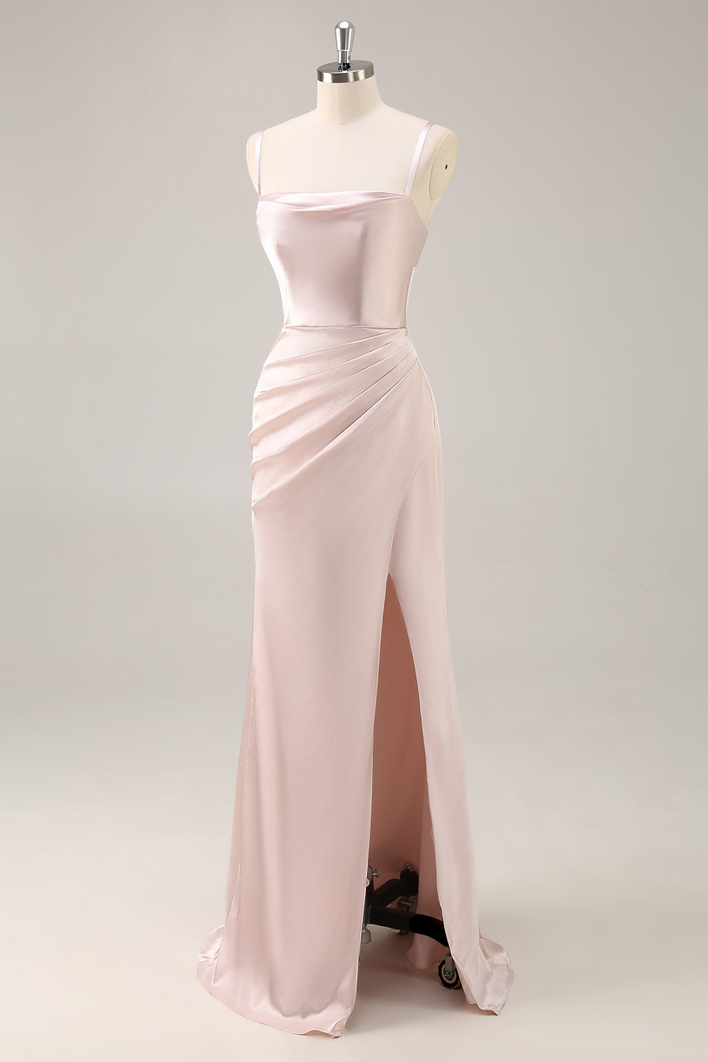 Candy Pink Satin Ruched Mermaid Long Bridesmaid Dress with Slit