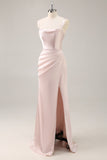 Candy Pink Satin Ruched Mermaid Long Bridesmaid Dress with Slit