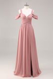 Dusty Rose Cold Shoulder Ruched Long Bridesmaid Dress with Slit