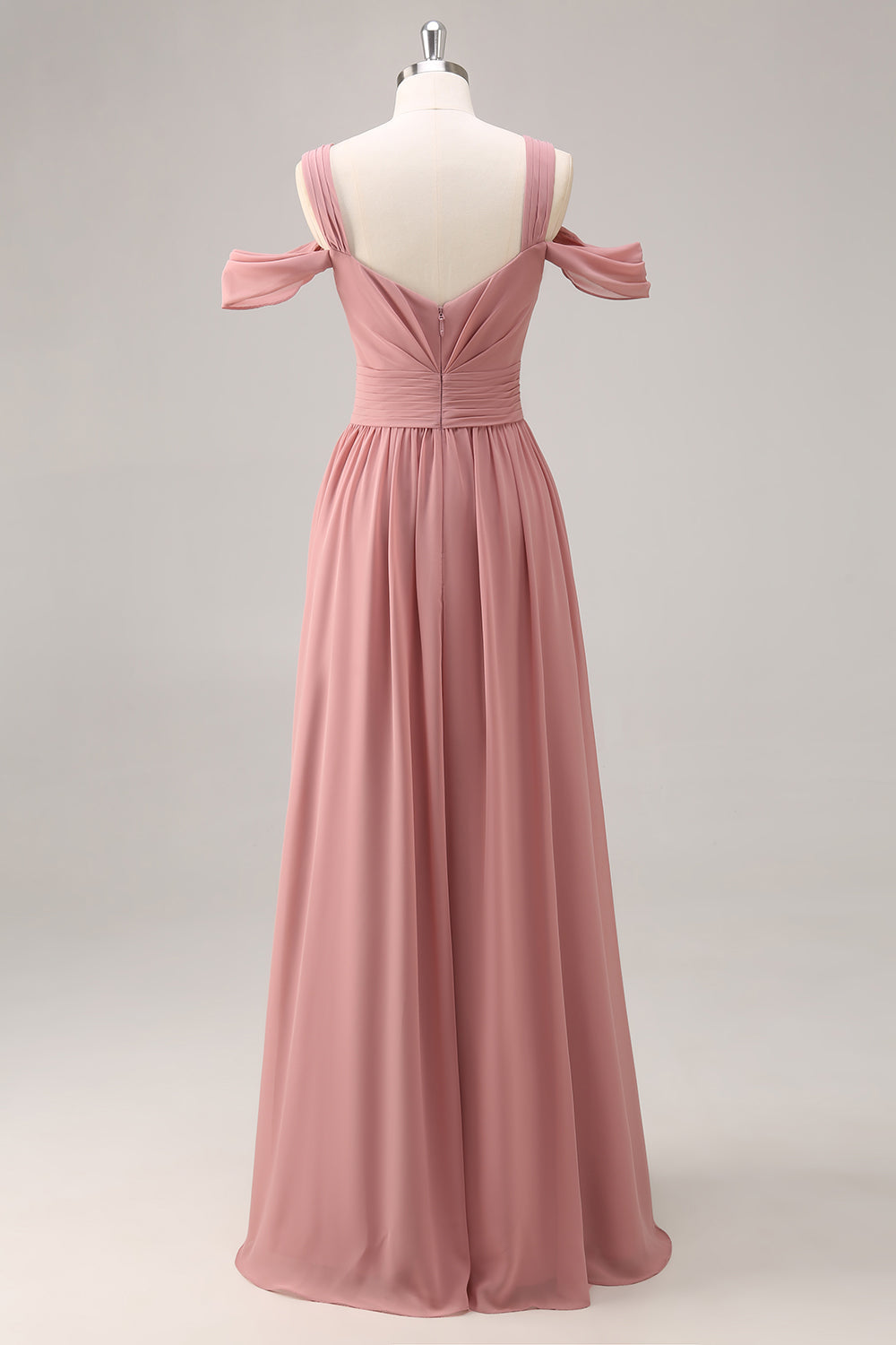 Dusty Rose Cold Shoulder Ruched Long Bridesmaid Dress with Slit