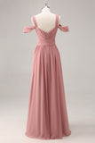 Dusty Rose Cold Shoulder Ruched Long Bridesmaid Dress with Slit