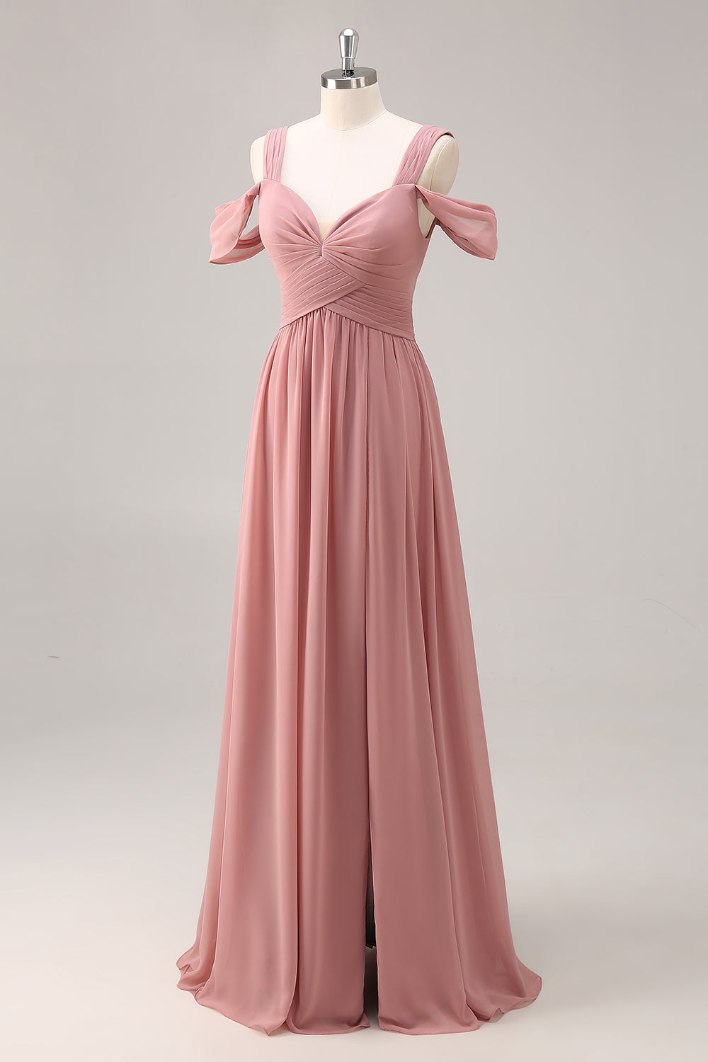Dusty Rose Cold Shoulder Ruched Long Bridesmaid Dress with Slit