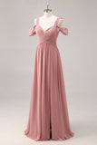 Dusty Rose Cold Shoulder Ruched Long Bridesmaid Dress with Slit