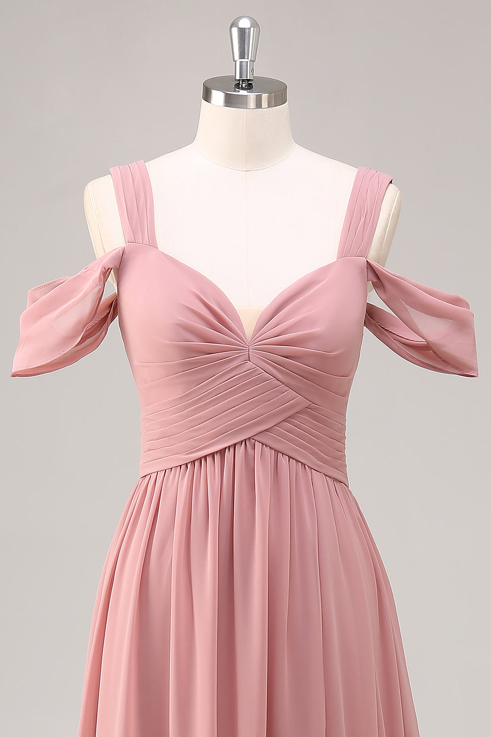 Dusty Rose Cold Shoulder Ruched Long Bridesmaid Dress with Slit