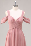 Dusty Rose Cold Shoulder Ruched Long Bridesmaid Dress with Slit