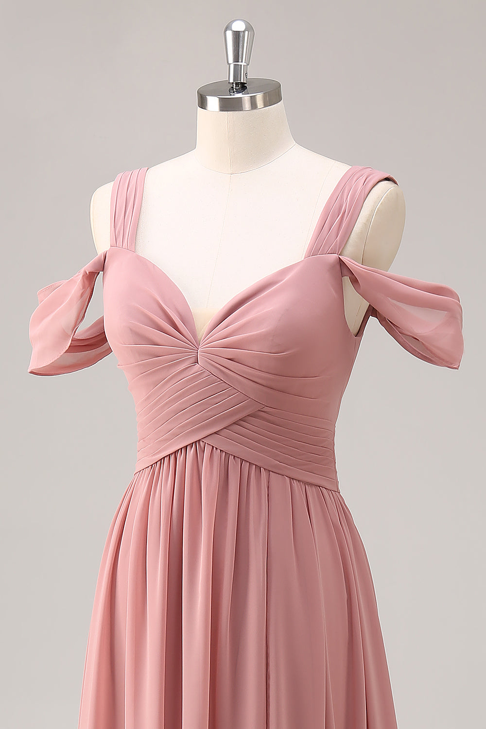 Dusty Rose Cold Shoulder Ruched Long Bridesmaid Dress with Slit
