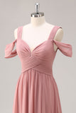 Dusty Rose Cold Shoulder Ruched Long Bridesmaid Dress with Slit