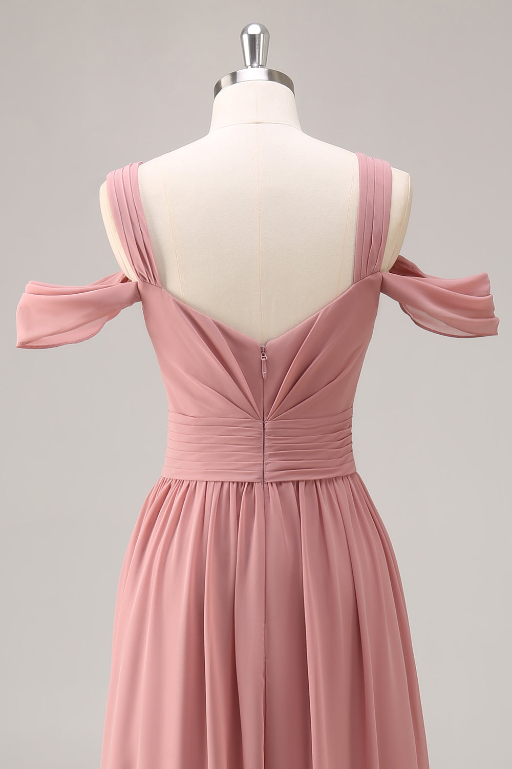 Dusty Rose Cold Shoulder Ruched Long Bridesmaid Dress with Slit