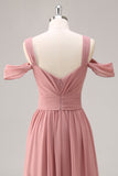 Dusty Rose Cold Shoulder Ruched Long Bridesmaid Dress with Slit