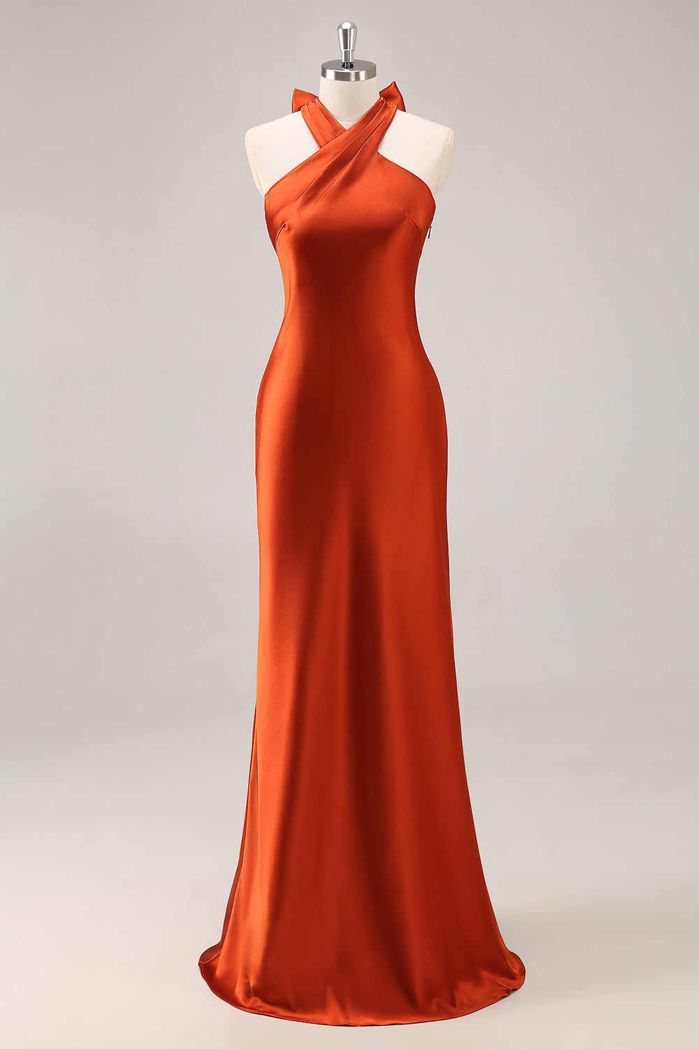 Simple Rust Satin Halter Mermaid Long Bridesmaid Dress with Bow