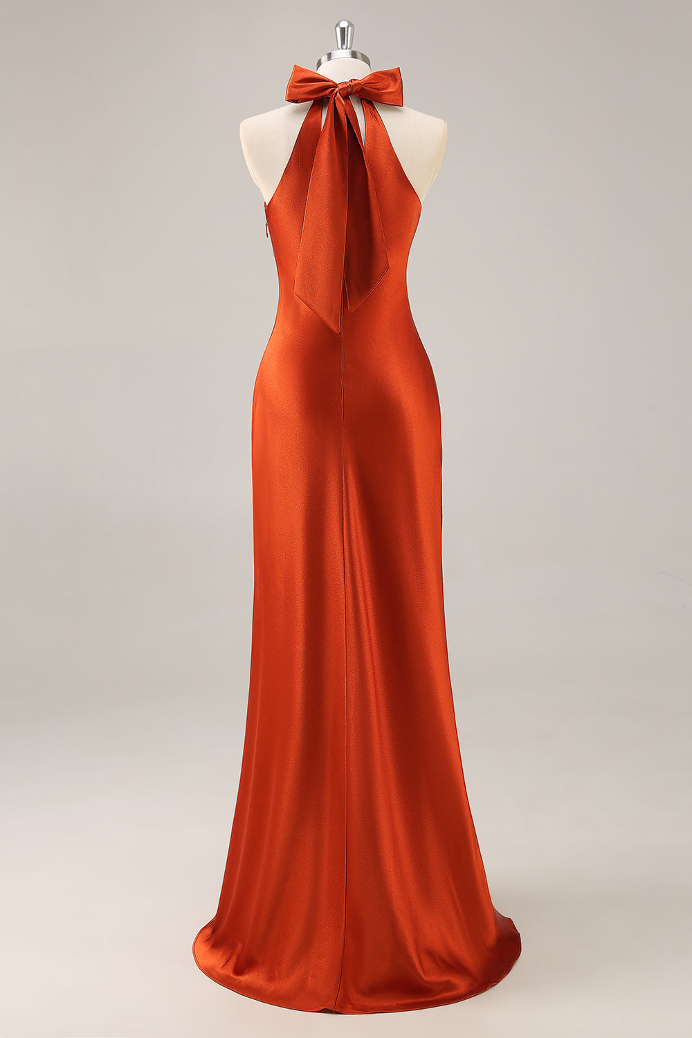 Simple Rust Satin Halter Mermaid Long Bridesmaid Dress with Bow