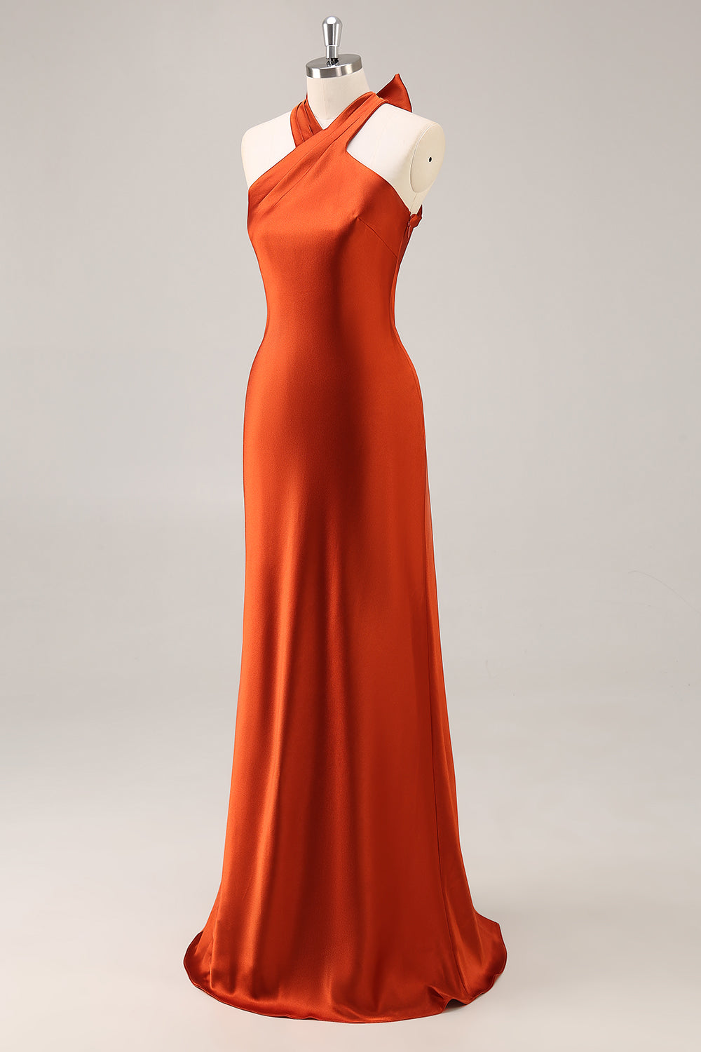 Simple Rust Satin Halter Mermaid Long Bridesmaid Dress with Bow