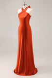 Simple Rust Satin Halter Mermaid Long Bridesmaid Dress with Bow