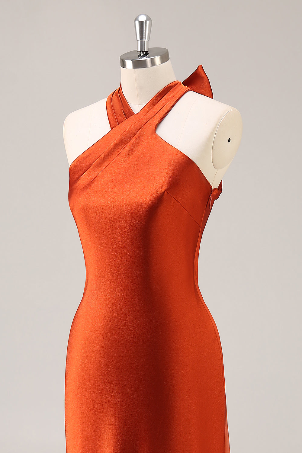 Simple Rust Satin Halter Mermaid Long Bridesmaid Dress with Bow