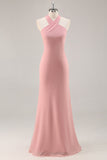Simple Blush Halter Mermaid Chiffon Long Bridesmaid Dress with Bow