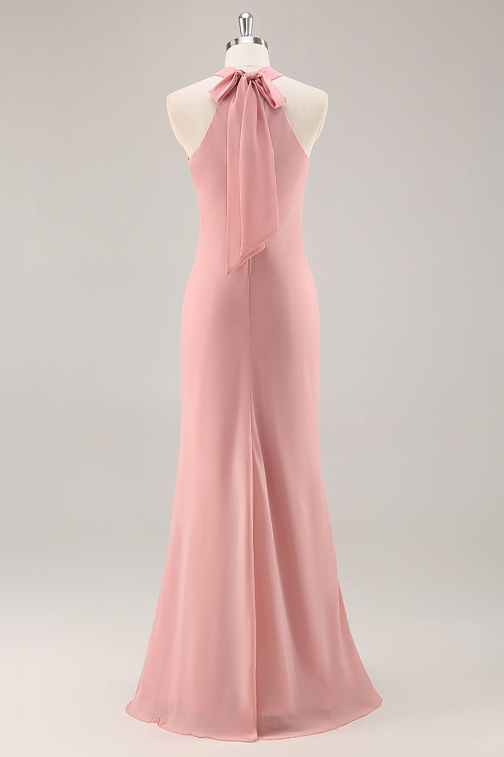 Simple Blush Halter Mermaid Chiffon Long Bridesmaid Dress with Bow