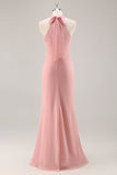 Simple Blush Halter Mermaid Chiffon Long Bridesmaid Dress with Bow