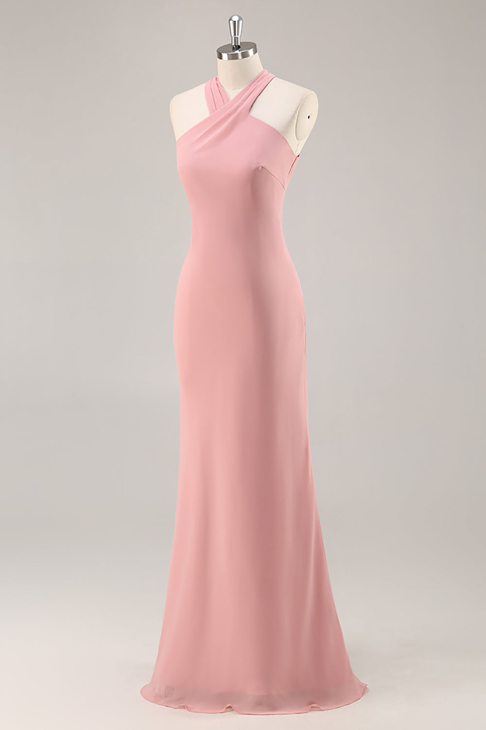 Simple Blush Halter Mermaid Chiffon Long Bridesmaid Dress with Bow