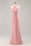 Simple Blush Halter Mermaid Chiffon Long Bridesmaid Dress with Bow