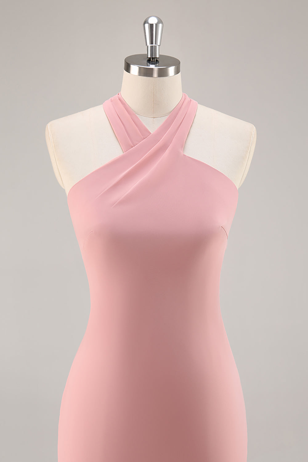 Simple Blush Halter Mermaid Chiffon Long Bridesmaid Dress with Bow