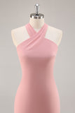 Simple Blush Halter Mermaid Chiffon Long Bridesmaid Dress with Bow