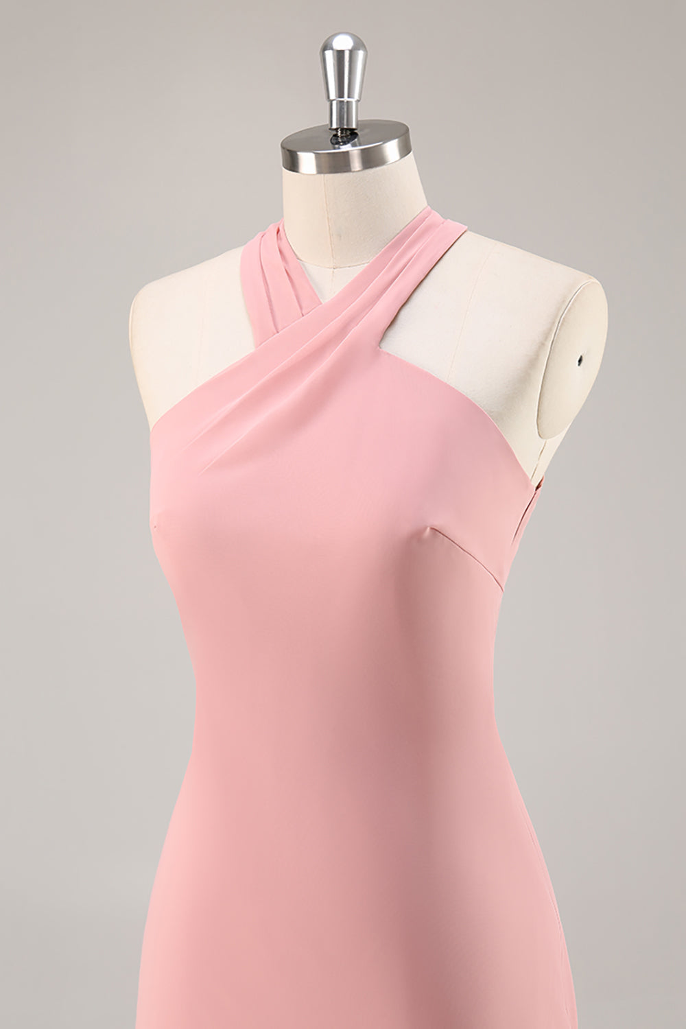 Simple Blush Halter Mermaid Chiffon Long Bridesmaid Dress with Bow