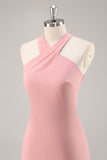 Simple Blush Halter Mermaid Chiffon Long Bridesmaid Dress with Bow