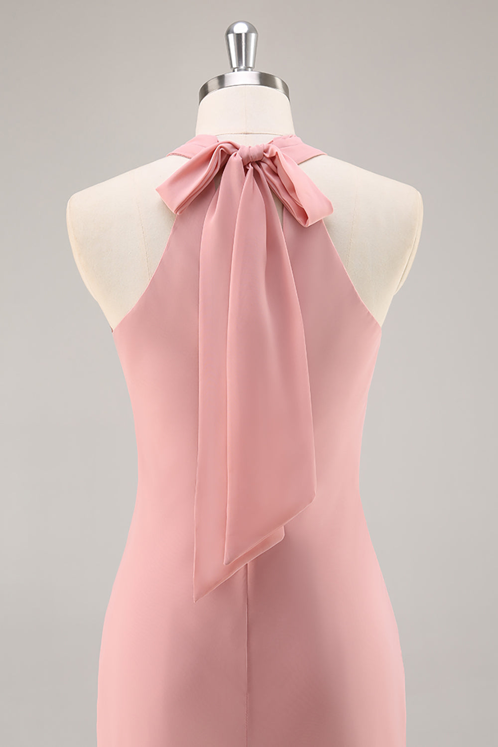 Simple Blush Halter Mermaid Chiffon Long Bridesmaid Dress with Bow
