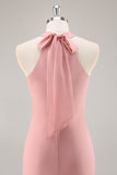 Simple Blush Halter Mermaid Chiffon Long Bridesmaid Dress with Bow