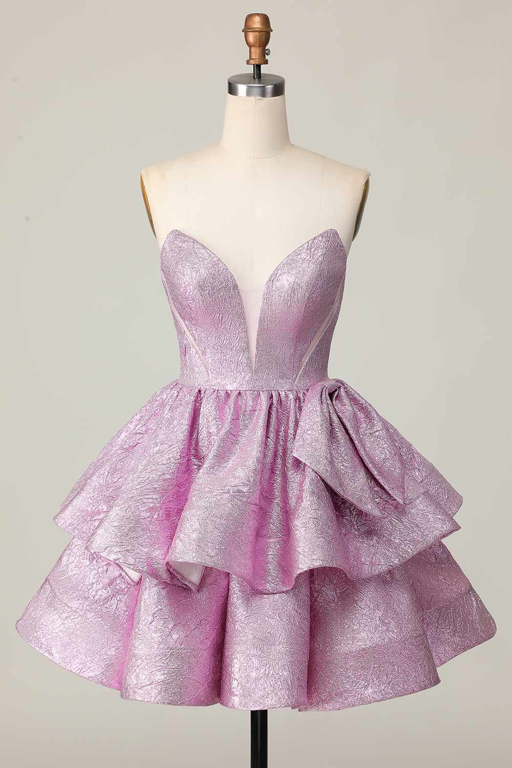 Glitter Light Purple A Line Strapless Tiered Homecoming Dress with Bow