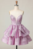 Glitter Light Purple A Line Strapless Tiered Homecoming Dress with Bow