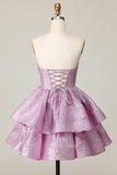 Glitter Light Purple A Line Strapless Tiered Homecoming Dress with Bow