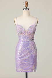 Sparkly Lilac Bodycon Sequins Short Corset Cocktail Dress with 3D Flowers