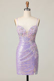 Sparkly Lilac Bodycon Sequins Short Corset Cocktail Dress with 3D Flowers